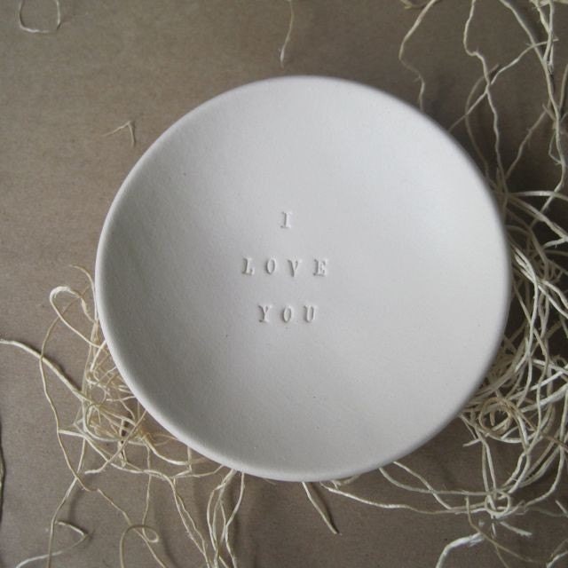 ring holder, dish, jewelry tray, romantic, ring dish, wedding, engagement, anniversary, I LOVE YOU tiny text bowl by Paloma's Nest