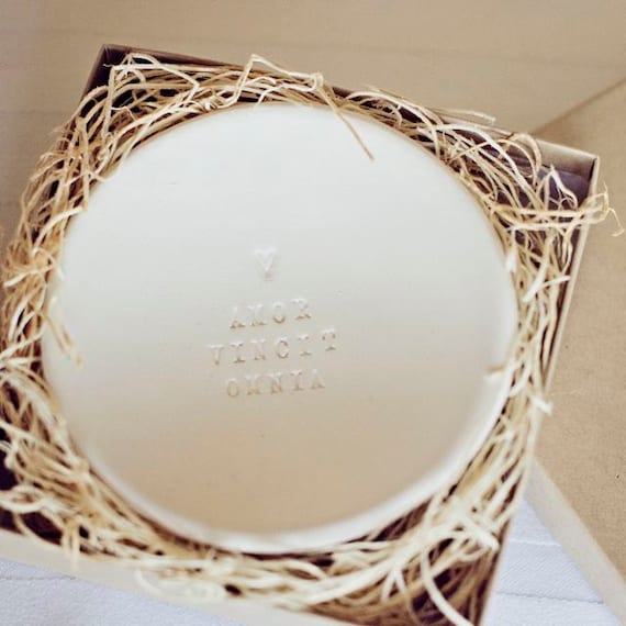 ring dish AMOR VINCIT OMNIA tiny text bowl- love conquers all by Paloma's Nest