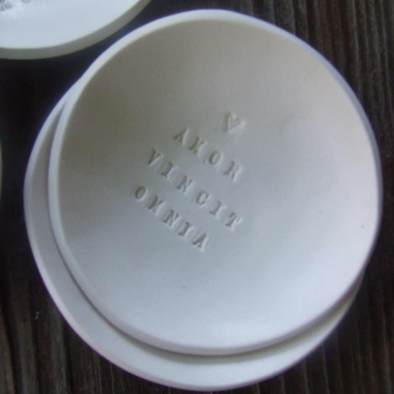 ring dish AMOR VINCIT OMNIA tiny text bowl- love conquers all by Paloma's Nest