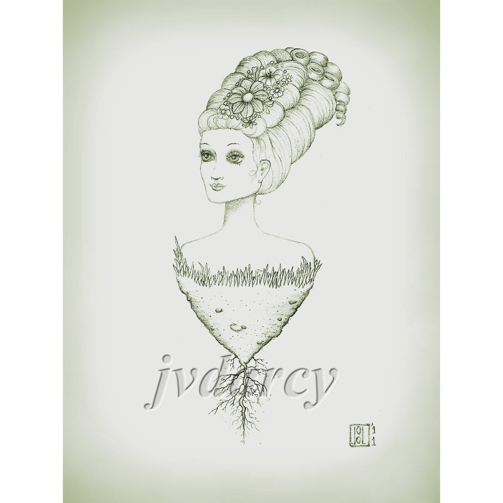 La Primavera Fun Bizarre Green Print 6 x 8 Surreal Roots Grass Goddess