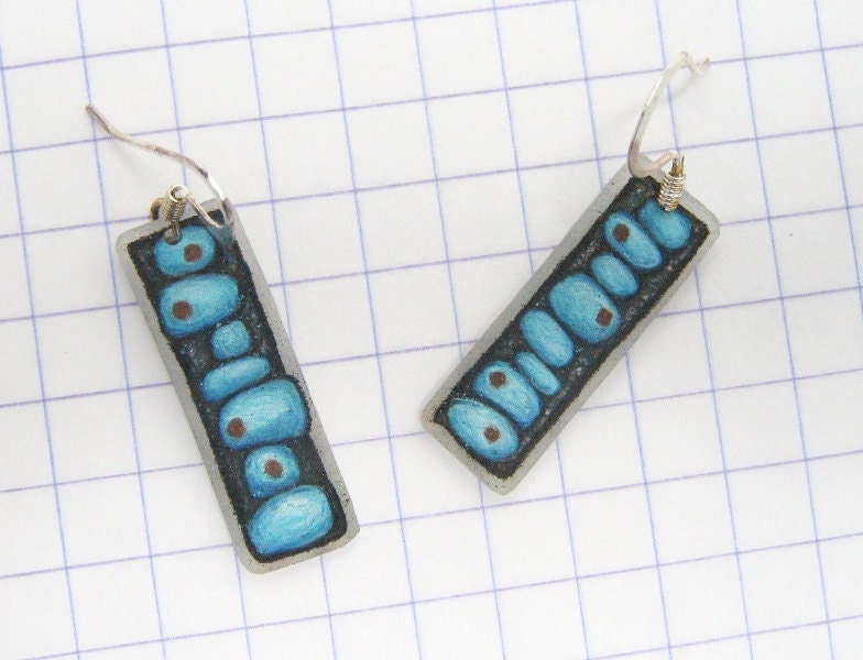 Hand Drawn Art Earrings Turquoise Pebbles on Umber Abstract Fun