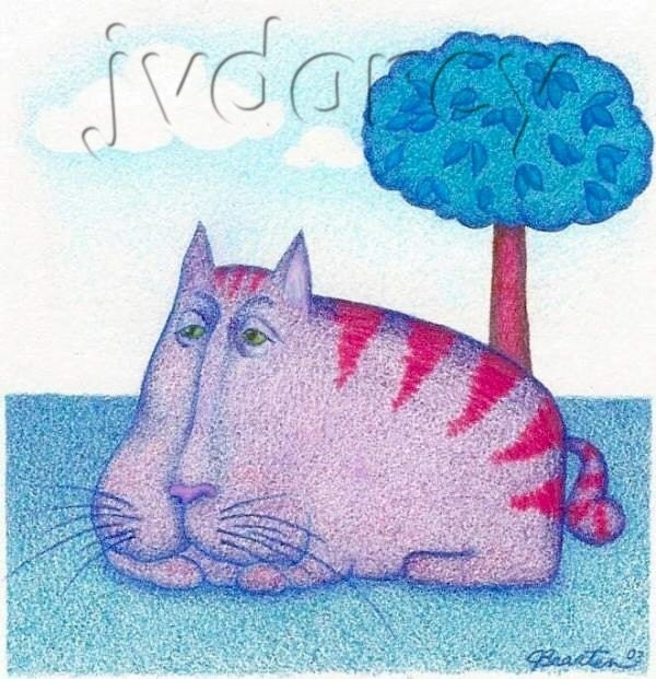 Big Purple Cat square print of original colored pencil