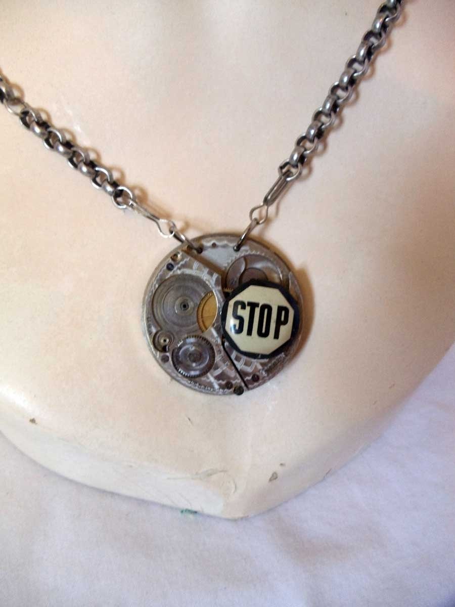 Steampunk "Stop" Watch Parts Pendant Necklace
