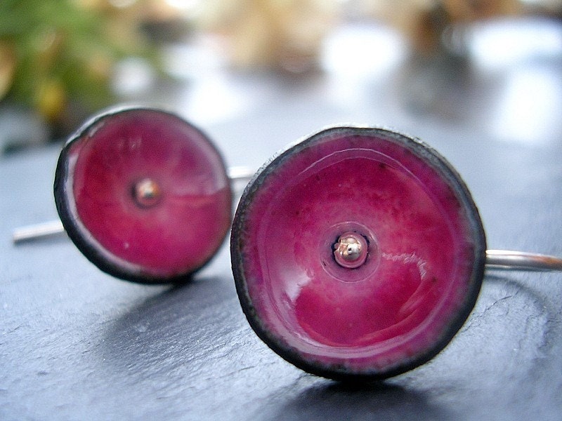 Hot Pink Enamel Earrings Very Berry Pink Poppy Hook Earrings MADE TO ORDER - NatsukoJewelry