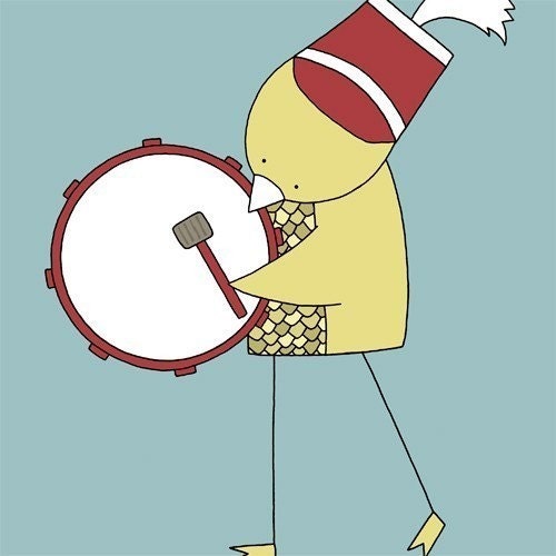 Children's Nursery Art Print (Bird Playing the Bass Drum in Blue)