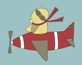 Nursery Art Print, Boy Nursery Decor, Bird Flying an Airplane, Blue