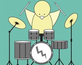 Nursery Art Print, Art for Baby Nursery, Girl or Boy Art Print, Bird on a Drum Kit in Teal, Bird Art