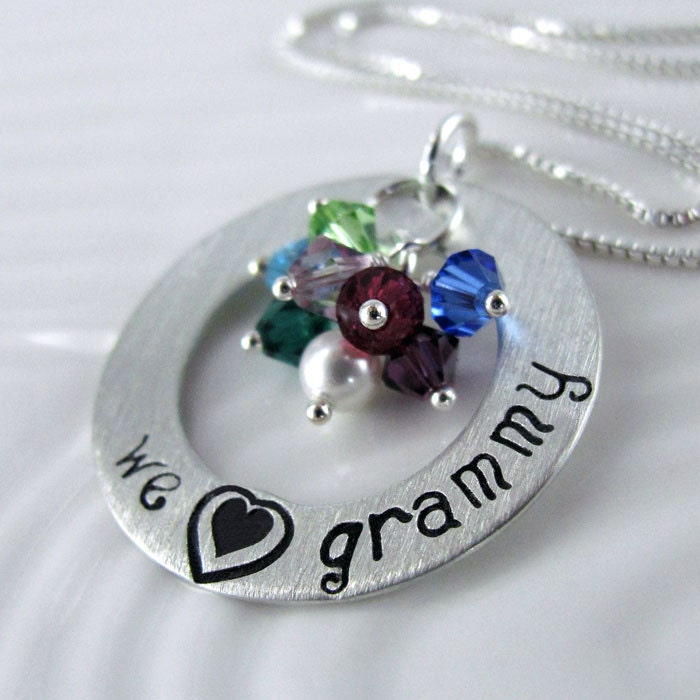 We Love Grammy Necklace - 1" Hand Stamped Personalized Sterling Silver Donut, Swarovski Birthstone Crystals