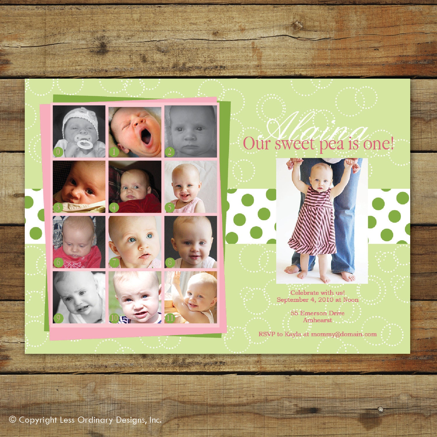 first birthday party invitation and photo collage - sweet pea