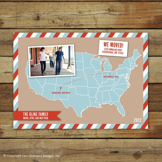 Map photo moving announcement, customized with your location