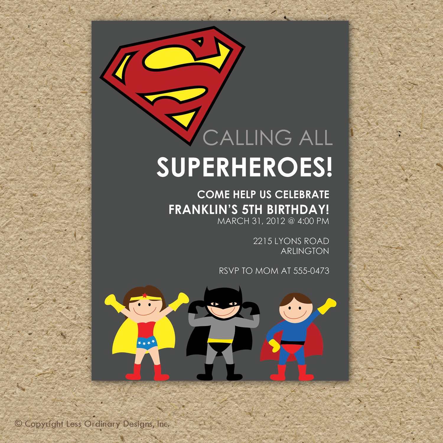 Custom super hero birthday party invitation - superman or batman