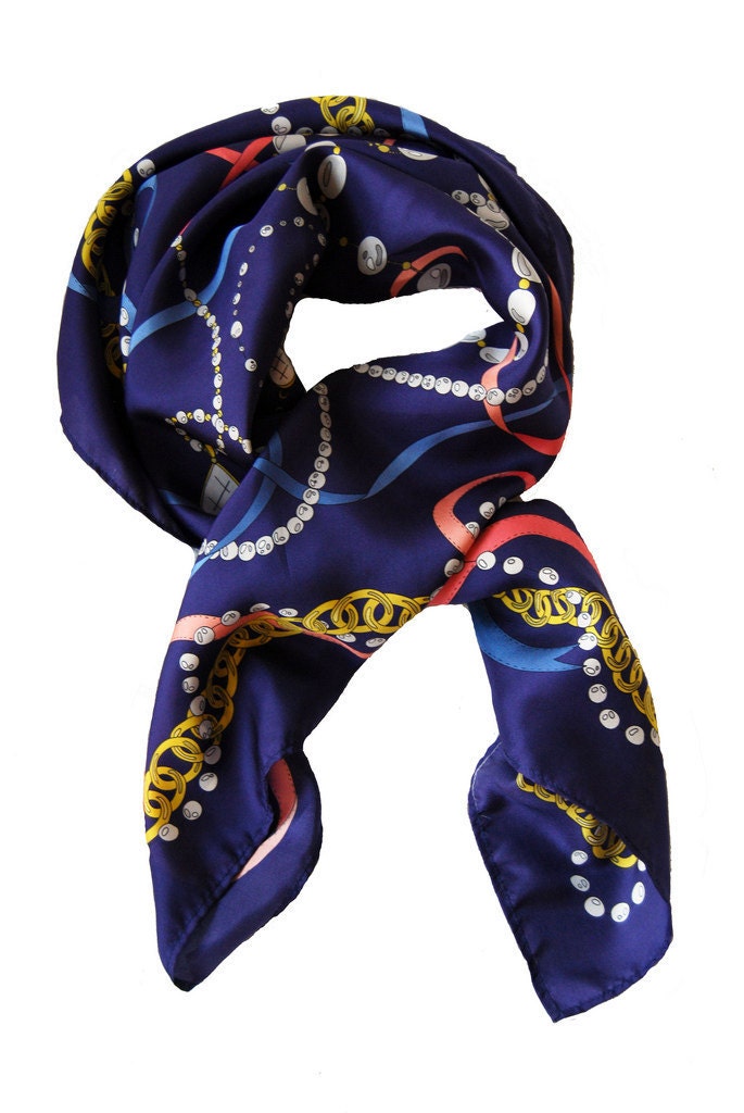 Navy Chains and Pearls Silk Scarf (Only 2 Left)