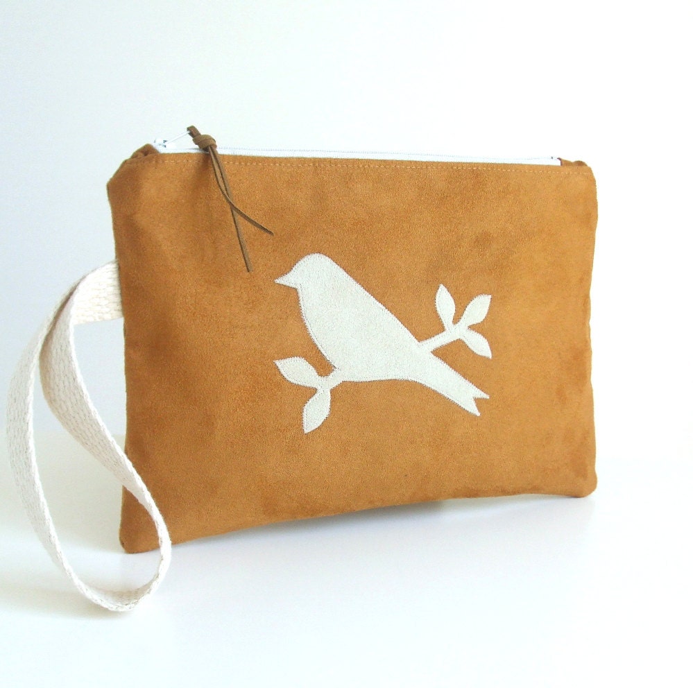 Large Wristlet Clutch - Bird Applique -Caramel Brown Faux Suede - Vegan