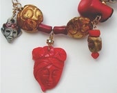 Statement Necklace - Faces, Statement Jewelry, Fine Jewelry, Luxe, Red Coral, Found object necklace, Ethnic Jewelry, OOAK