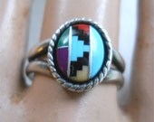 Vintage Indian Sterling Turquoise Inlay Ring, vintage ring, turquoise ring, sterling ring, Indian ring, Inlaid ring,  turquoise jewelry