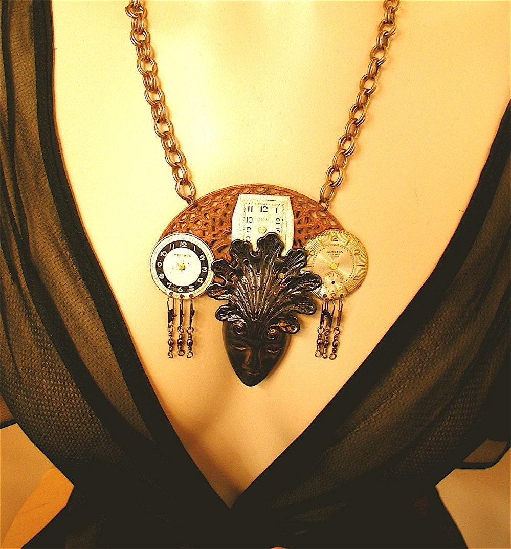 Steampunk Necklace - Four Faces of Steampunk, Steampunk, Steampunk jewelry, face, OOAK, watch face necklace, gothic jewelry, gothic necklace