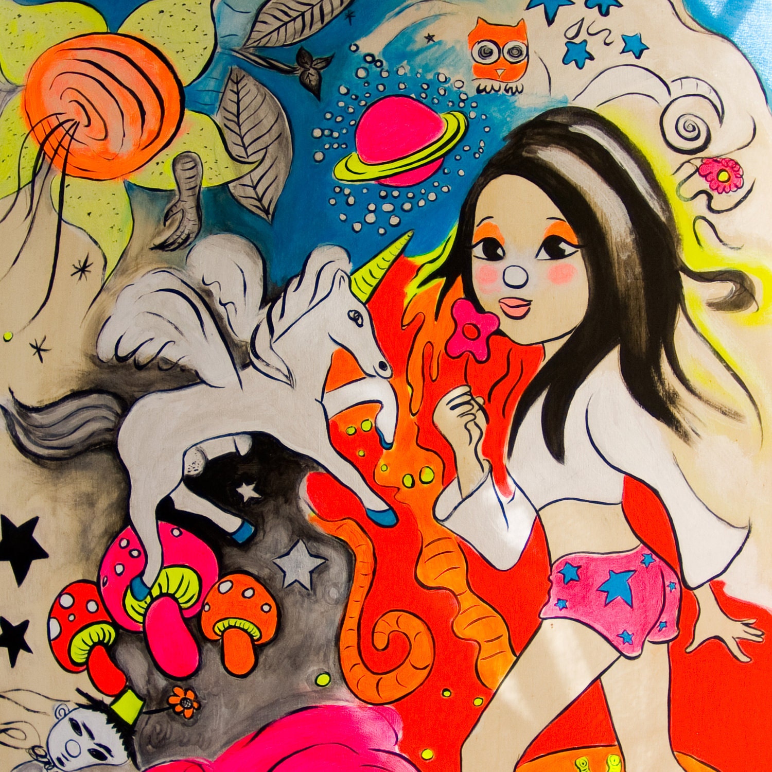 hot pants cosmology. dreamy original pixie art painting on wood by elfmadchen.