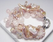 Rose Quartz Pink Keishi Pearl Fresh Water Pearls Twist  Multi Strands Rhinestone Silver Bracelet