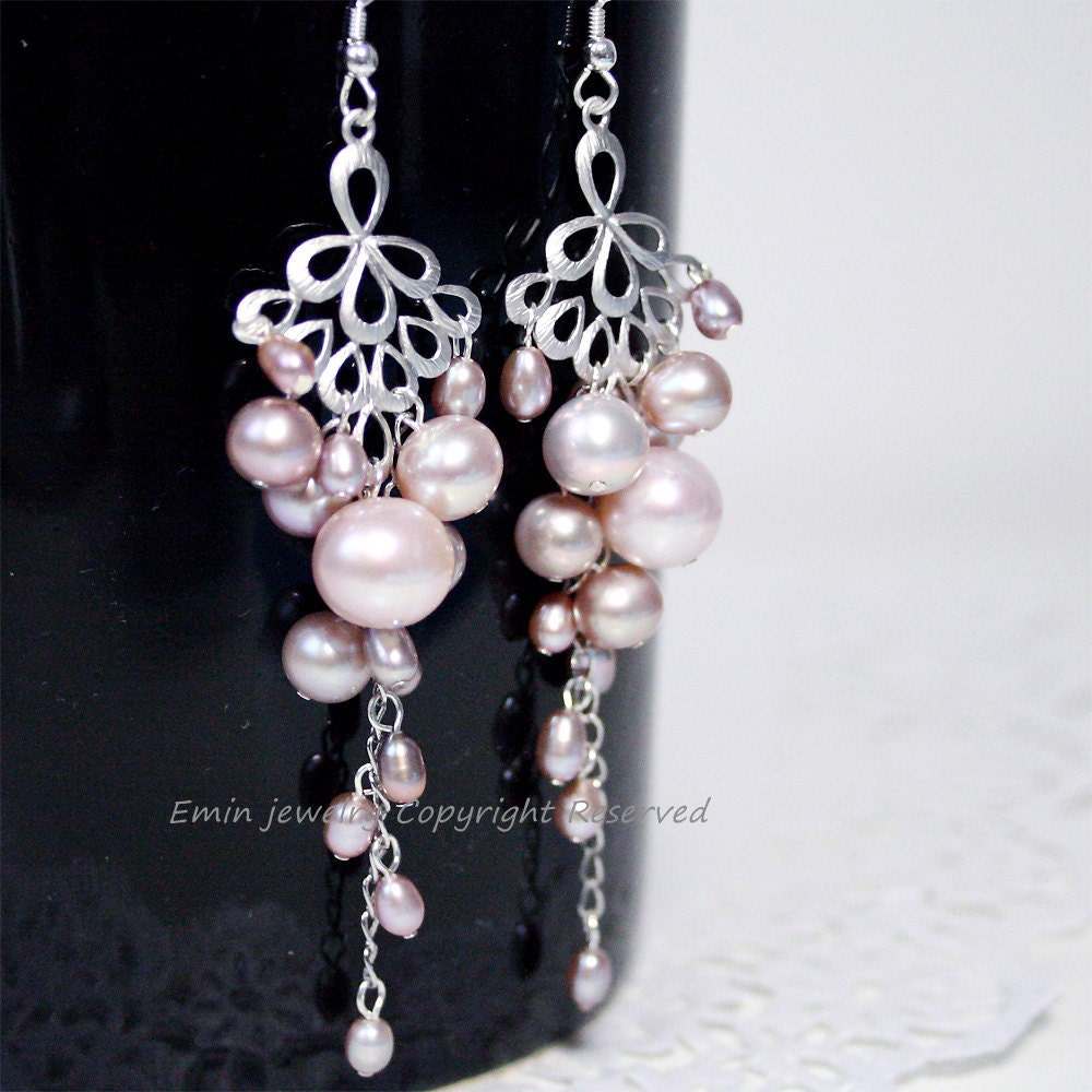 Pink Pearl Chandelier EArrings, Lilac Freshwater Pearls Earrings, Sterling Silver Earrings, Bridal WEdding Earrings, Pink Pearl Jewelry