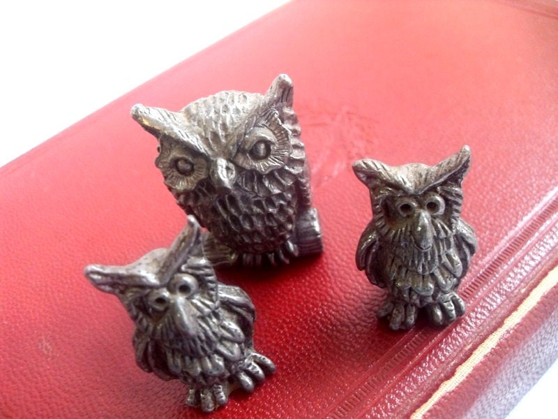 3 pc Pewter Owl Collection Miniature Owls What a Hoot
