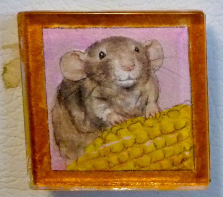 OOAK Hand Painted Watercolor Magnet: Cute Dumbo Rat with Corn - Drusilla