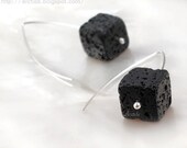 Black earrings Lava earrings Argentium sterling silver - black white geometric lava cube fall fashion rustic tribal ethnic pagan oht - Pele