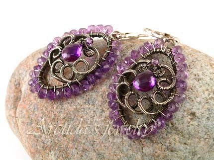Gemstone jewelry purple earrings Amethyst earrings oxidized sterling silver - women fashion plum violet purple gemstone rusteam oht - Niolle