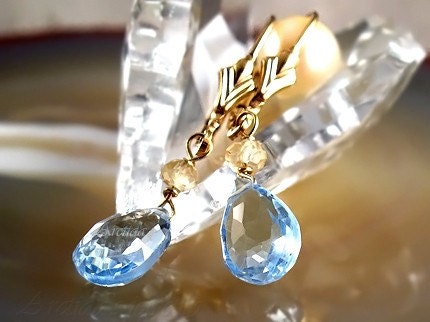 14K solid gold earrings sky blue Topaz and golden yellow Citrine - Women spring summer fashion pale blue luxury gemstone trends simple minimalism Bohemian Shabby chic - Calypso - Free Worldwide shipping - Made to Order