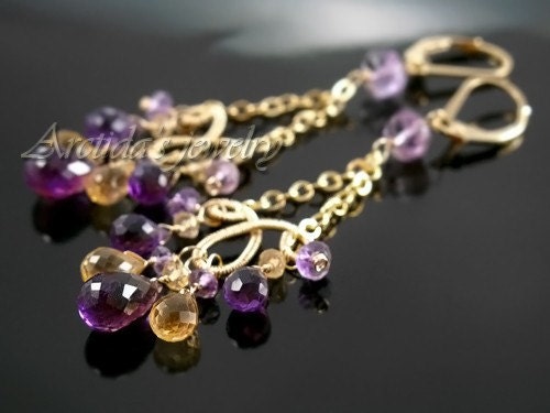 Chandelier earrings Citrine Amethyst earrings 14K gold filled purple violet golden yellow gemstone rusteam oht february birthday - Domani
