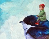 LITTLE GIRL on BLUEBIRD fantasy 8x8 print from original oil painting
