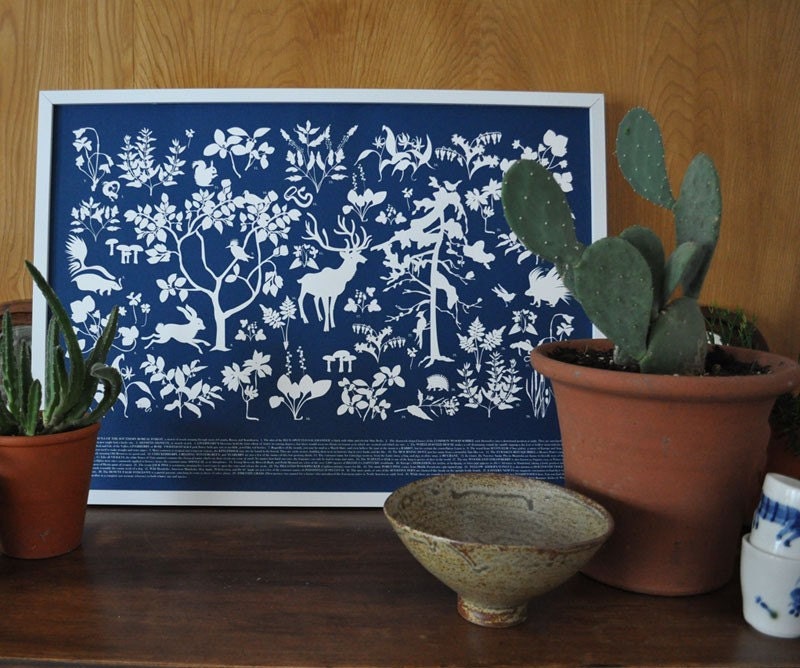 Boreal Forest Print - Flora and Fauna - blue