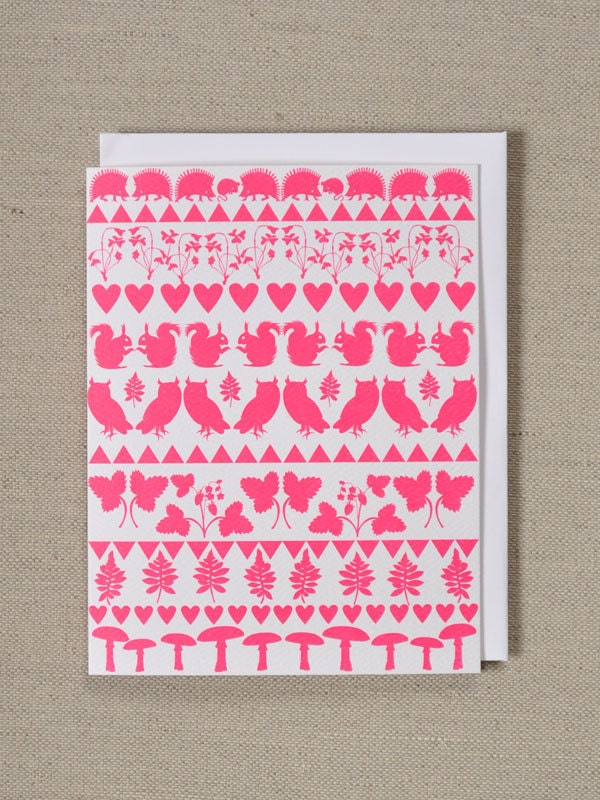 Animals and botanicals in folk pattern - Pink Valentines card