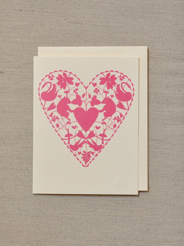 PInk Doily Heart card - a lacey heart made with swans, bears and birds - Valentines card