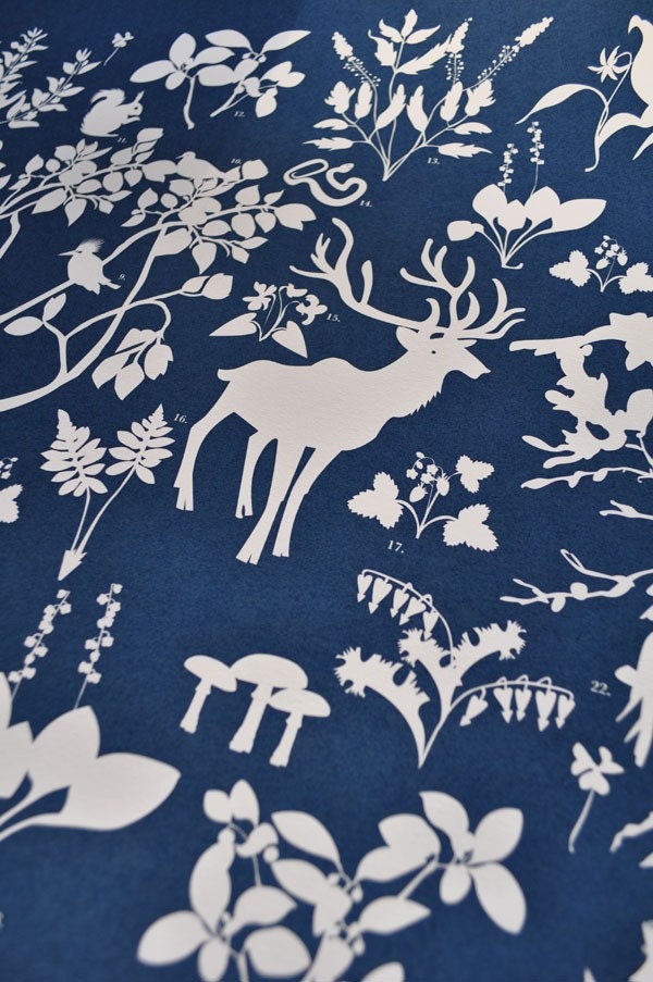 Boreal Forest Print - Flora and Fauna - blue