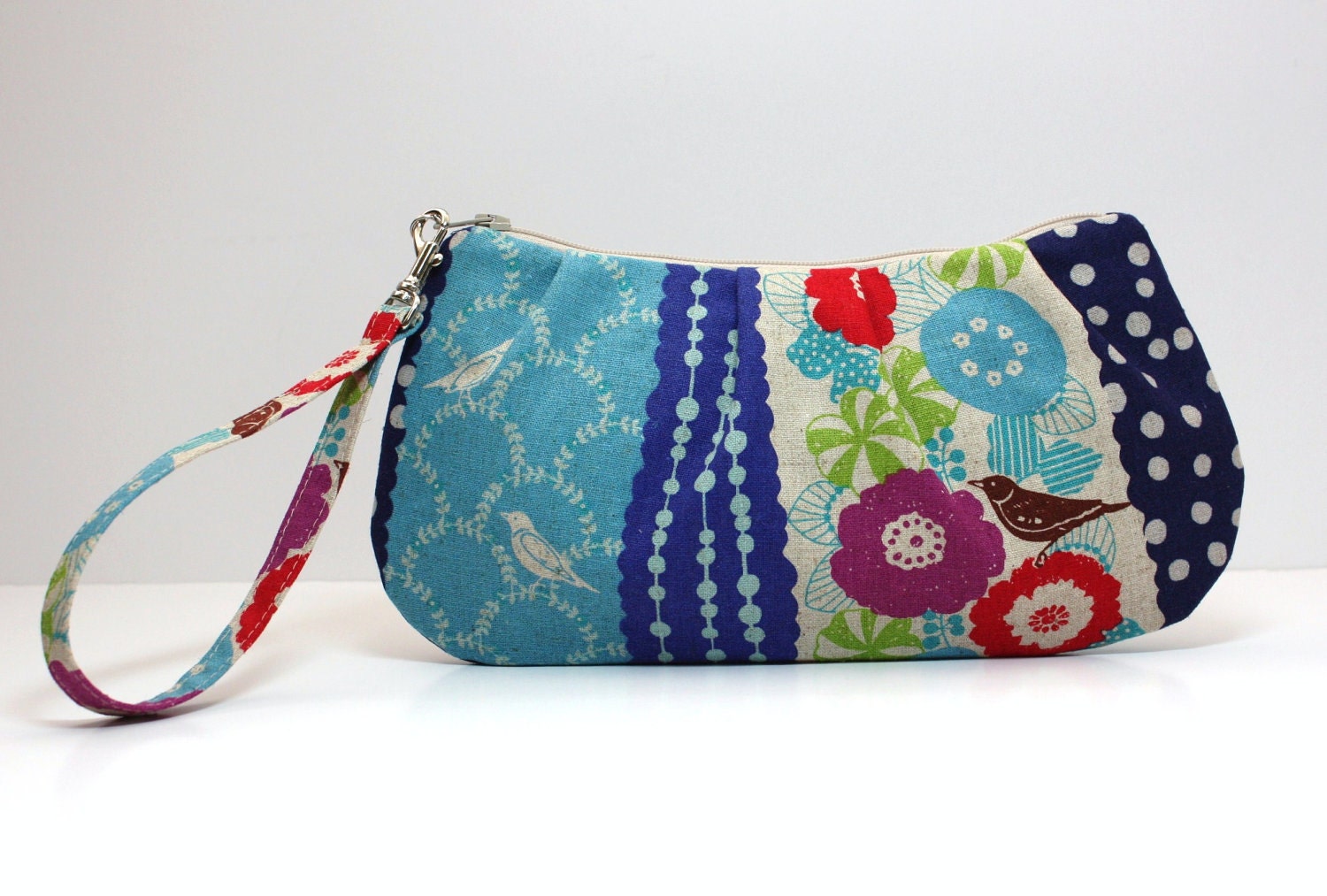 Zip and Go Wristlet / Echino Bird Fabric