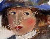 Art -- Girl in a  BLUE HAT  Portrait  Winter Woodlands Fur Colla, Hat Hats Blue Impressionistic Rosy Cheeks, Free US Shipping