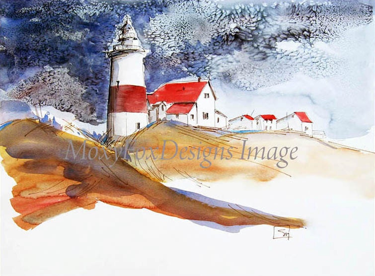 Art -- STORMY LIGHTHOUSE Fine Art Print Watercolor  Coastal Landscape Lighthouses Buildings Architecture Red Orange Blue Free US Shipping