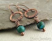 Antiqued copper earrings wire wrapped with blue green Chrysocolla beads