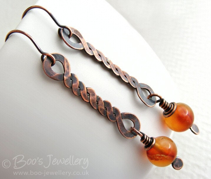 Antiqued copper and Carnelian twisted link earrings