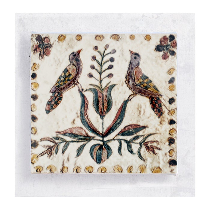 Lovebirds Art Block - 5x5 Canvas Print on Wood Frame - A Fine Romance - Bird Fraktur Folk Art - Wall Art - Home Decor