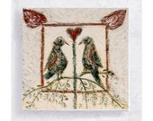 Lovebirds Art Block - 5x5 Canvas Print on Wood Frame - Heart to Heart - Bird Fraktur Folk Art - Wall Art - Home Decor