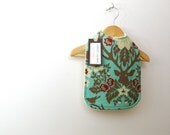 baby bib, turquoise with red, cheeky damask. ultra absorbent, durable, and big.