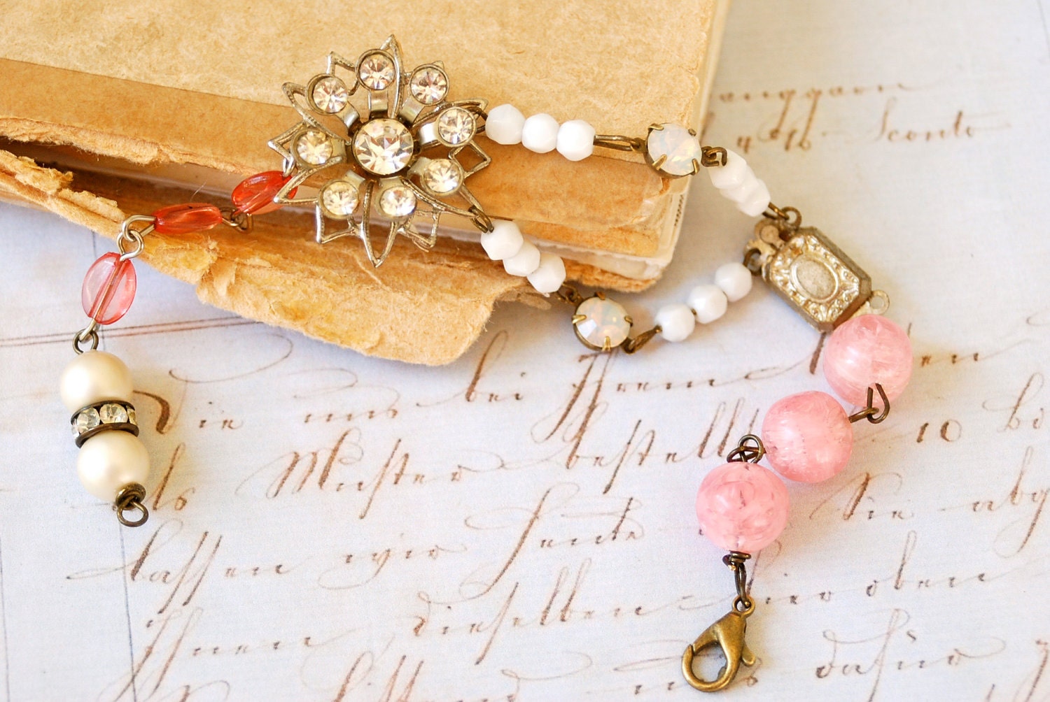 Vintage pink beaded old rhinestone charm bracelet...Margaret