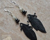 Crow Feather Leather Earrings With Sterling Silver, Moonstone, Hematite And Rainbow Obsidian