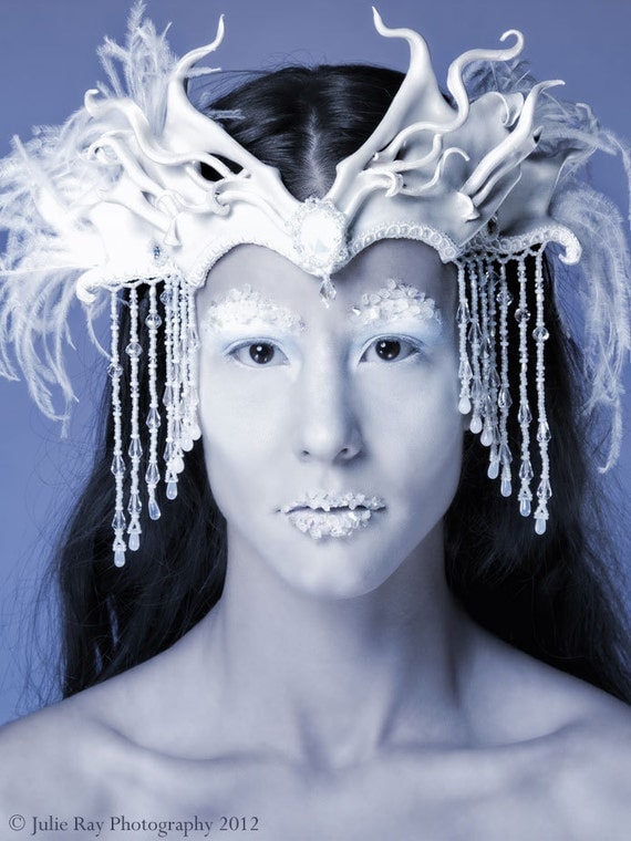 Snow Queen Leather Headdress with Beaded Jewels and Veil - Winter Crown, Bridal Headpiece