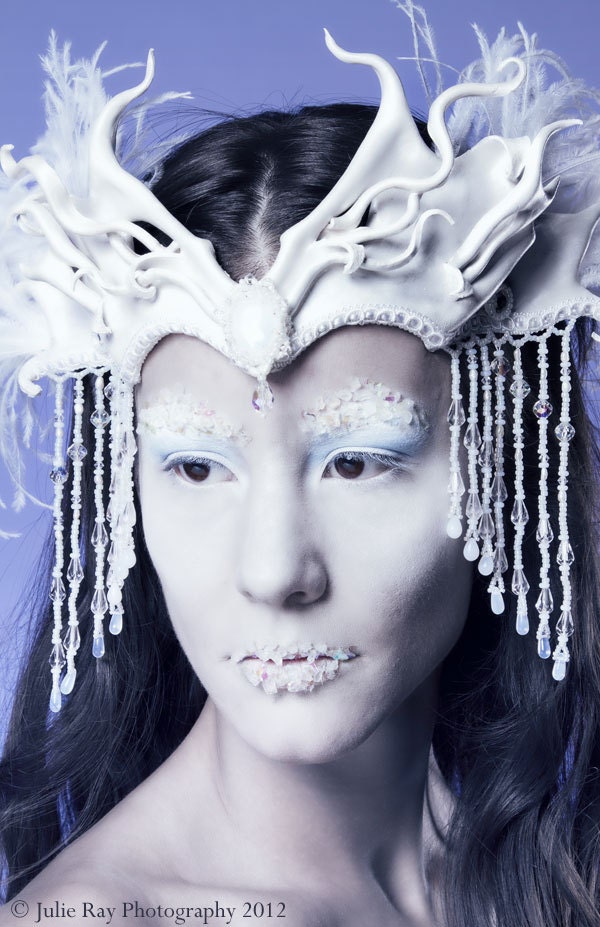 Snow Queen Leather Headdress with Beaded Jewels and Veil - Winter Crown, Bridal Headpiece