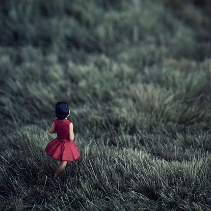 Miniature diorama print, twilight field with girl in red, Half Awake series, Rose - 8x10 photograph