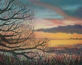 Original soft pastel landscape painting of lake, sky and tree: Black Willow morning