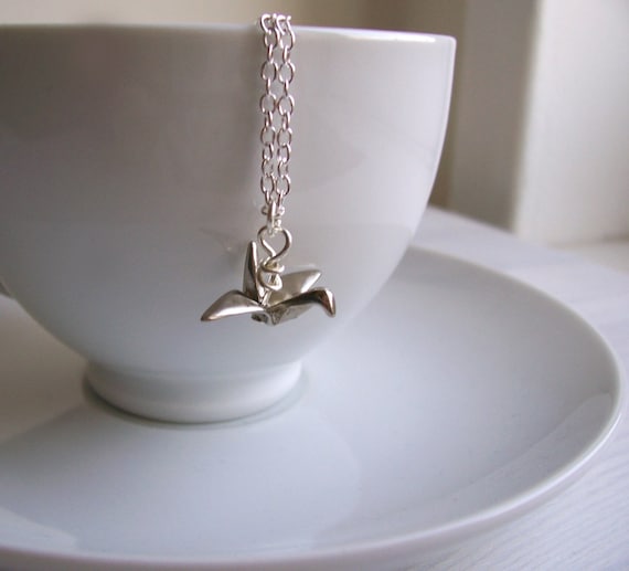 Silver Origami Crane necklace - silver bird charm - handmade
