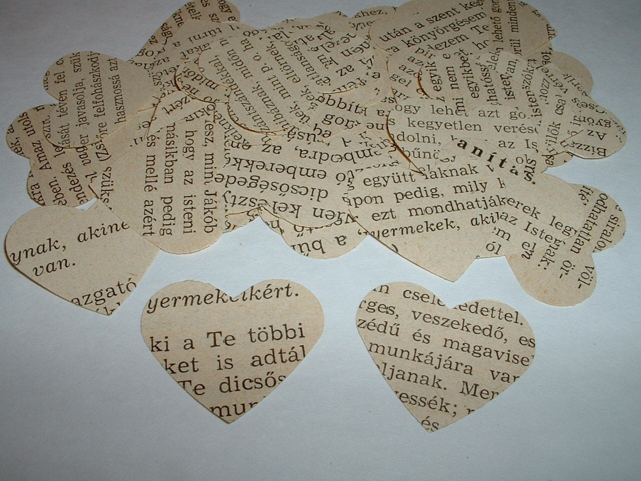 100 Hungarian HEARTS Hand Punched from Vintage Foreign Text Great for Table Confetti